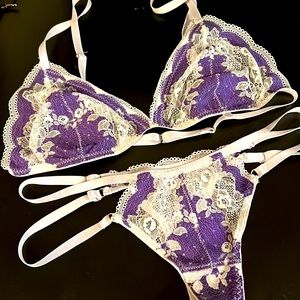 Strappy purple lace bralette and thong set size Medium 6